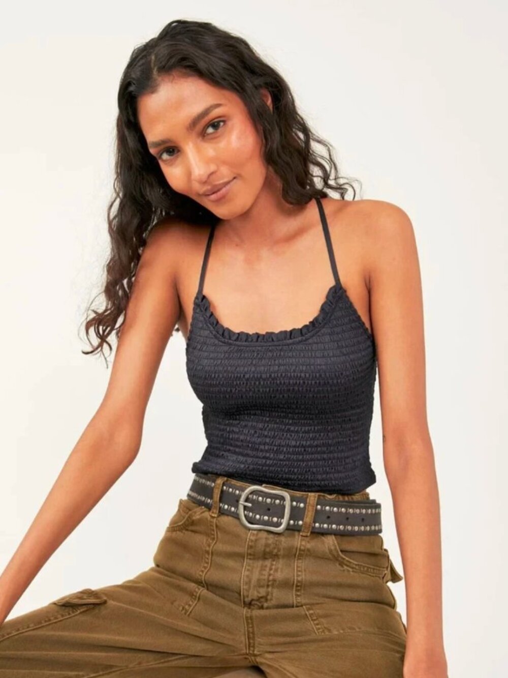 Free People "Right on Time" Black Smocked Cami Cropped Tank Top - XS